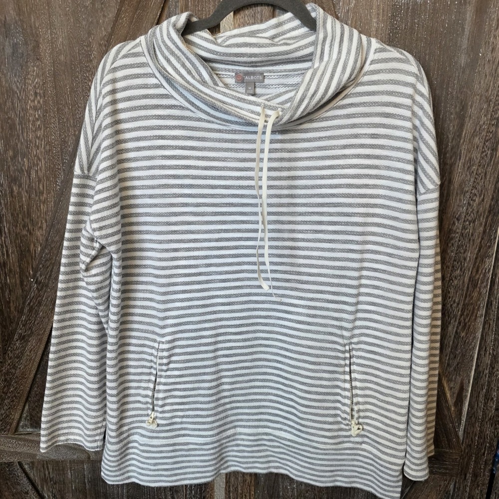 Talbots Shirt Womens‎ Medium Gray & White Striped Funnel Neck Pockets Sweatshirt